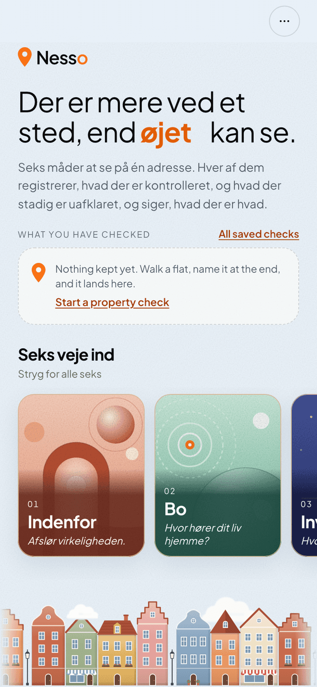 Appens forside med de seks retninger som kort.