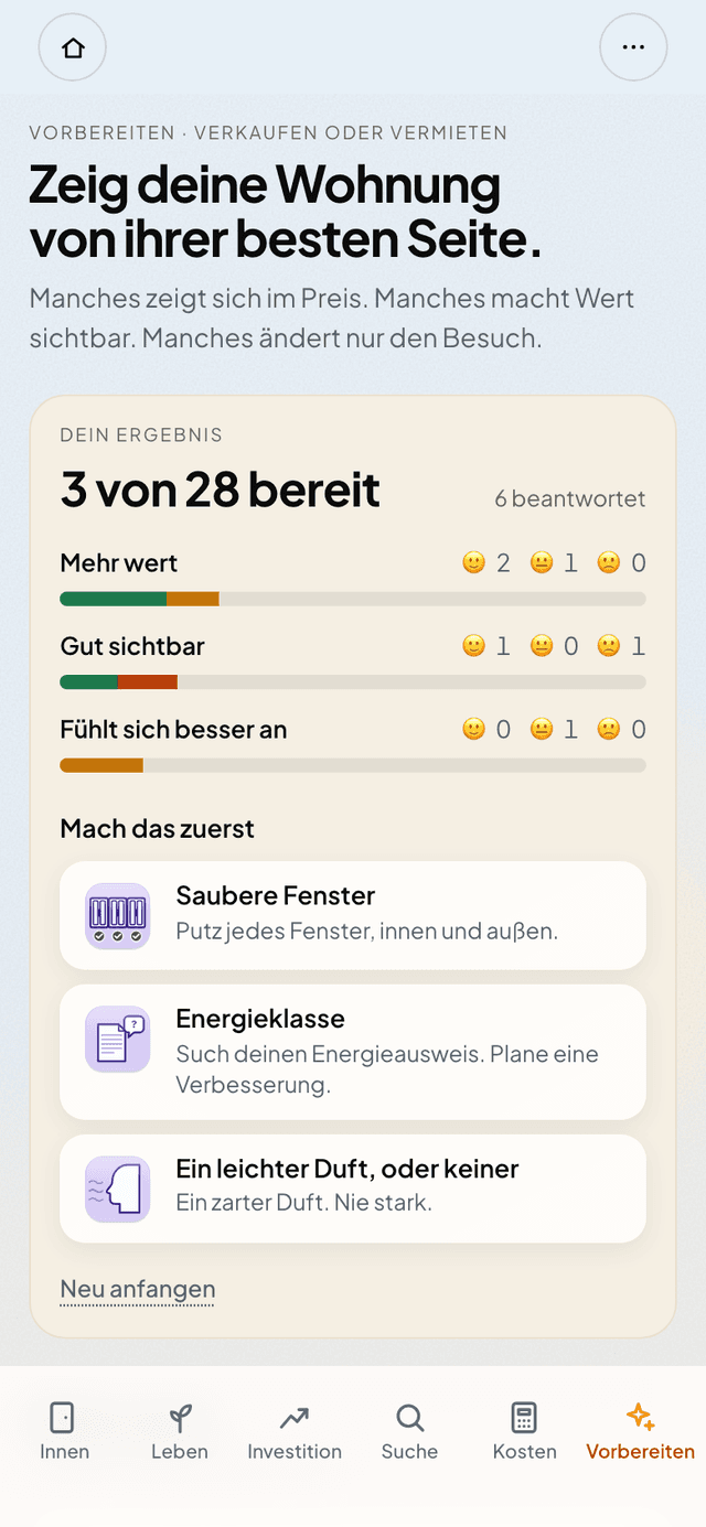 Der Vorbereiten-Bildschirm, mit dem Ergebnis oben und Karten mit Gut, Geht so oder Schlecht.