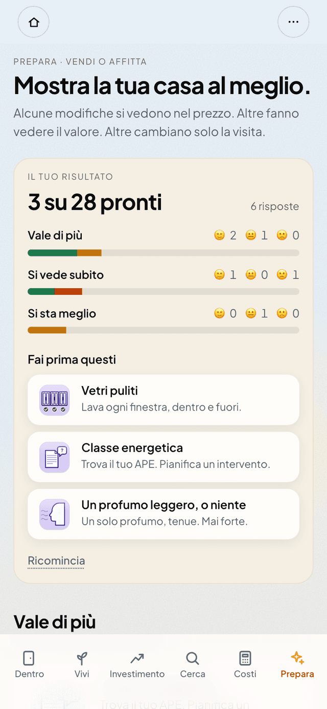 La schermata Prepara, con il risultato in alto e schede con risposta Bene, Così così o Male.