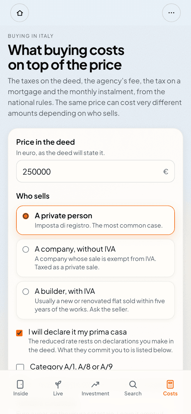 The Costs screen, with a price typed in and what buying costs on top of it.