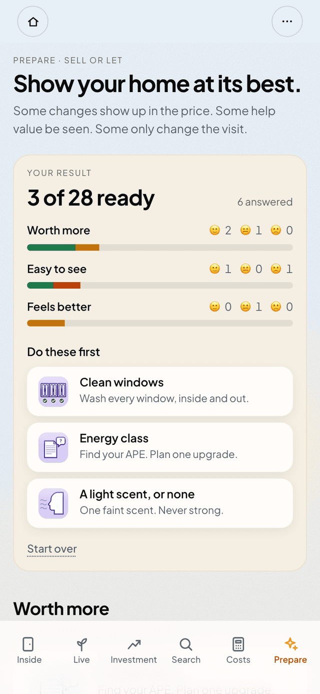 The Prepare screen, with a result at the top and cards answered Good, So-so or Bad.